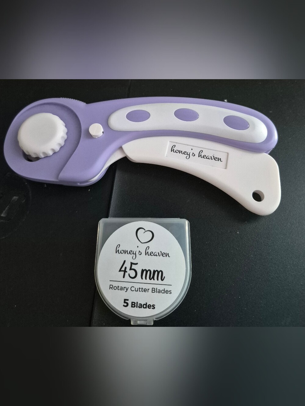Purple and White 45mm Rotary Cutter with Replacement Blades
